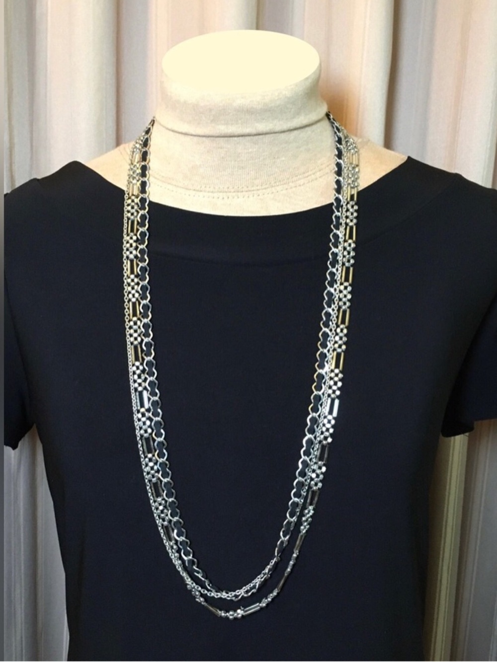 Multi-strand Silver Tone & Black Suede Ribbon Chain Necklace 37”
